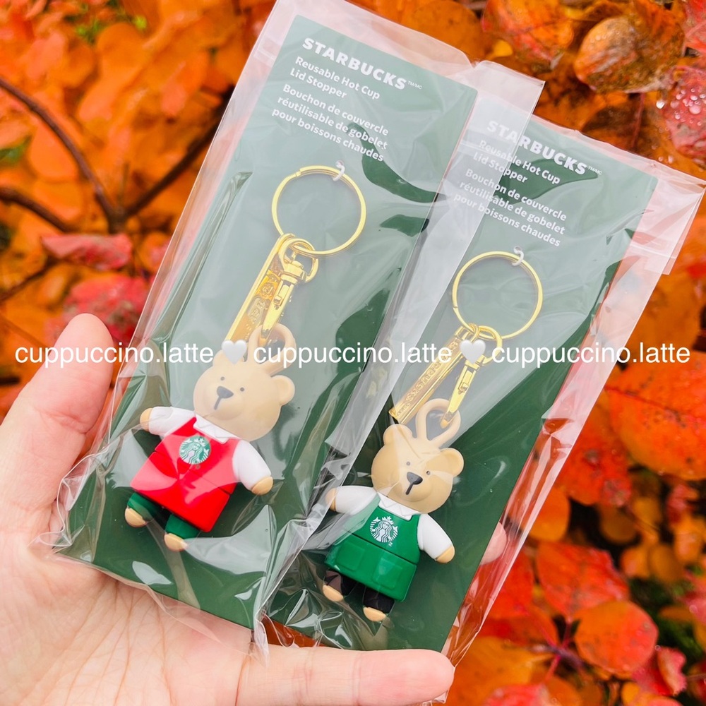 ❤️2 NWT💚Starbucks Bearista Bear Resuable Hot Cup Lid Stopper Charm Keychains